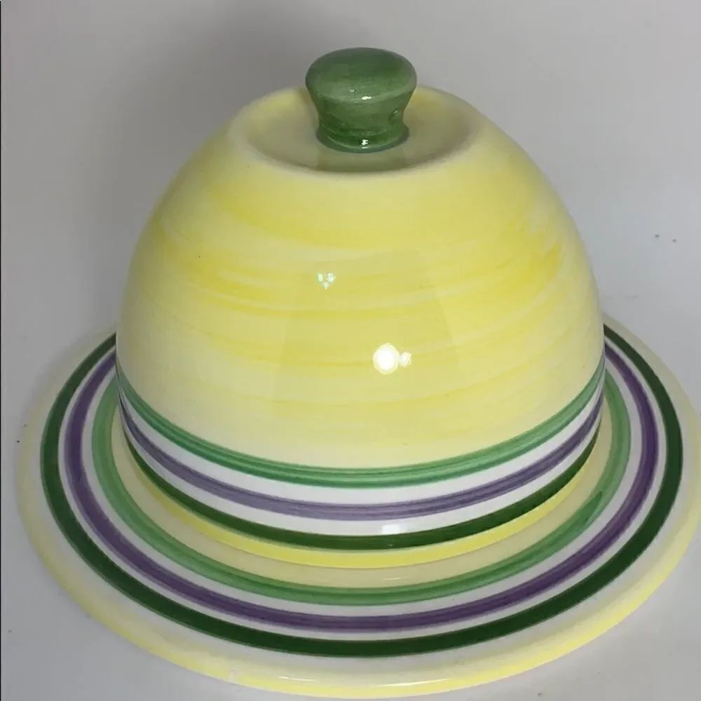Porcelain Ceramic Cheese Plate With Domed Lid Yellow Green Home Bar Entertaining
